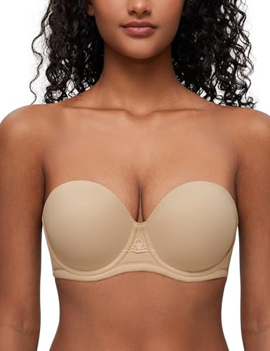 Deyllo Women's Strapless Bra Padded Cup Push Up Plus Size Full Coverage Underwire Support(Nude,34H)