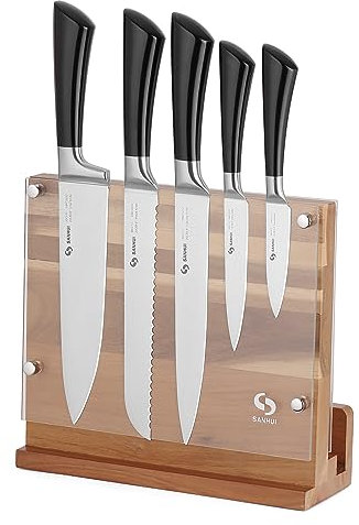 SANHUI 6-teiliges Messerset mit 5 Küchenmessern aus rostfreiem Stahl und 1 magnetischen Messerhalter aus Akazienholz, das perfekte stilvolle und schöne Küchenmesserset