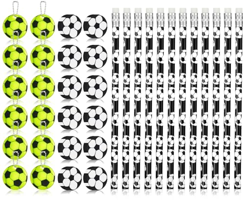36 Stück Fußball Mitgebsel Bleistifte 12 Fußball Bleistifte 12 Fußball Radiergummi und 12 Fußball Reflektoren Anhänger Für Kindergeburtstag Gastgeschenke Fußball Mitgebsel