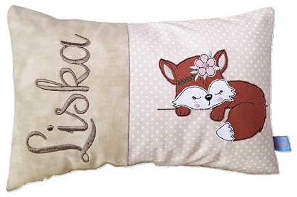 Personalisiertes Kissen zur Geburt und Taufe | Bestickt mit Namen und süßem Fuchs | Baumwolle (30cm x 50cm, Fuchs)