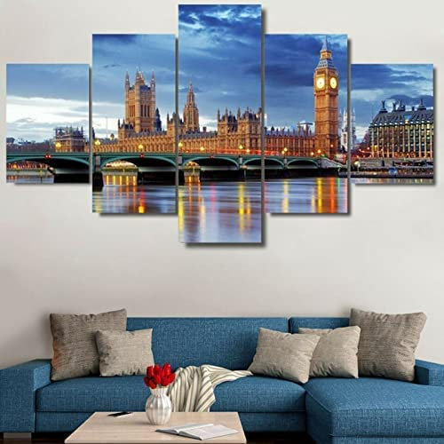 Leinwand Gemälde Big Ben Tower London River In Der Abenddämmerung 5 Pieces Wall Art Painting Modular Wallpapers Poster Print For Living Room Bedroom Dining Room Office Kids Room Wall Mural Ho -4O2W-V3