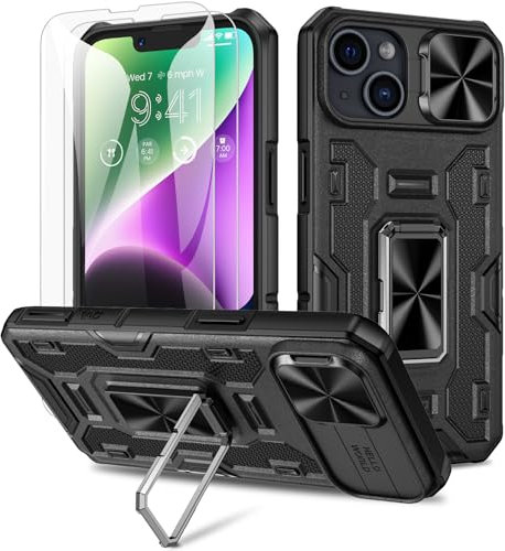 Doeshine Hülle für iPhone 14 & iPhone 13, Handyhülle mit 2 Stück Displayschutzfolie & Kameraschutz, 360°drehbar Magnetisch Ring Ständer, Robust Militär Schutzhülle für iPhone 14 & iPhone 13 (Schwarz)