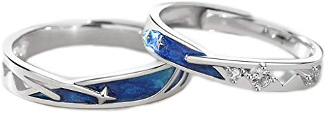 Sxett 2 x meerblaue Meteorik-Stern-Paar-Ringe, verstellbar, Hochzeitsbänder-Set, Schmuck, Geschenk für Damen und Herren, Wie beschrieben