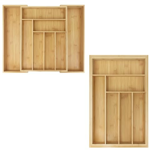Huini Expandable Cutlery Tray 1.05/1.7 * 1.41 * 0.16 FT, Organizer with 6-8 Compartments for Drawers, Made of Nan Bamboo with Melamine Board, Anti-scratch and Moisture Resistant, Natural Color