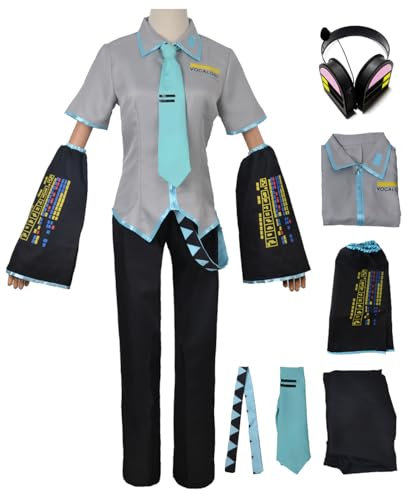 bi bi hou Herren Miku Cosplay Kostüm Set mit Kopfhörer H'atsune Miku Verkleidung Anime Miku Uniform Lackleder Weihnachten Halloween Karneval Party Bühnenauftritt Kostüm Erwachsene XXS-3XL