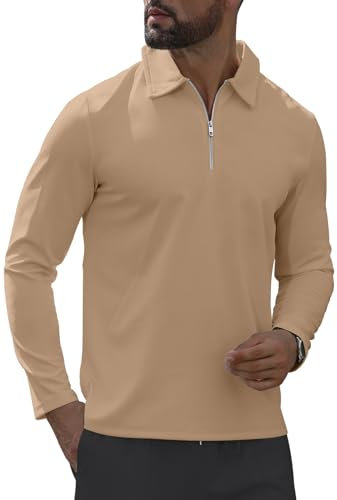 MLANM Men's Fashion Long Sleeve Polo Shirt 1/4 Zip Closure Functional and Comfortable Tops S Khaki