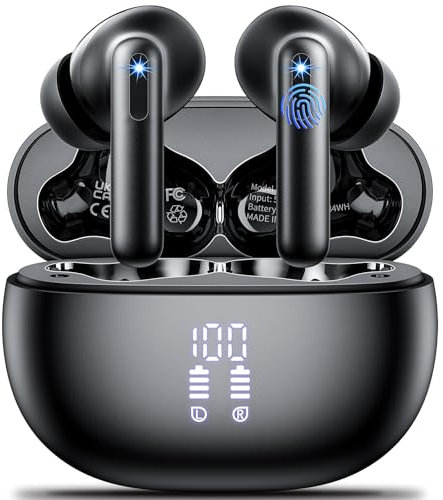 Wireless Earbuds, Bluetooth 5.3 Headphones in Ear with 4 Mic ENC Call Noise Stereo Wireless Headphones Deep Bass LED Display Ear buds 42H Playtime Wireless Earphones IP7 Waterproof/Ultra Light/ Black