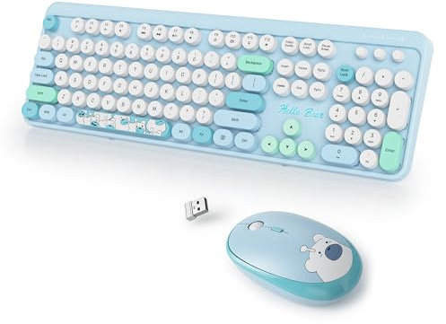 SbocKeeb Blue Keyboard and Mouse Wireless, American QWERTY Cute Typewriter Wireless 2.4GHz Colorful Full Size Keyboard with Number Pad, for Windows PC Laptop Bear Blue