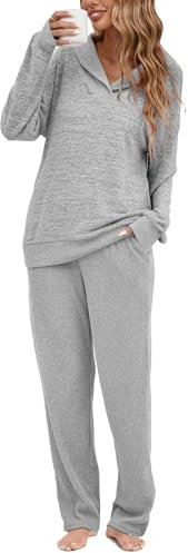 Famulily Lounge Wear Sets for Women uk Casual Pajama Sets Pullover Top Ribbed Pants Knit Outfits Grey XL