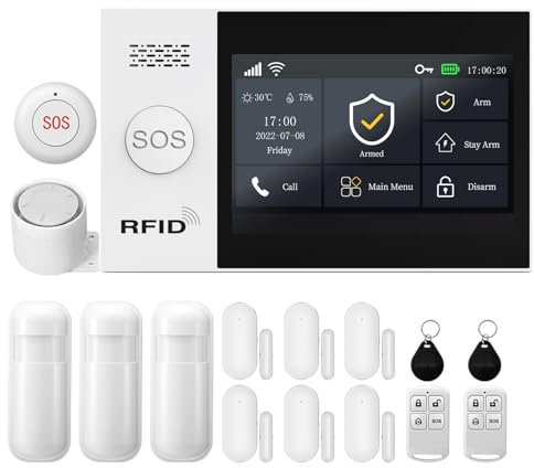 XNY Schermo Tattile Completo Allarme Casa Senza Fili WiFi GSM, Allarme Casa con Sirena, Antifurto Casa Wireless con Avviso APP, 16 Pezzi: Sensore di movimento, Sensore per Porte/Finestre, Telecomando