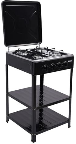 KEESUNG 4 Flammen Gasherd Outdoor-Herd, 4 Flammen Gasherd Set Mit Abdeckung Tragbarer Edelstahl-Gaskocher Kommerzieller Restaurant Küchen Standherd Für Camping Picknick (Schwarz)