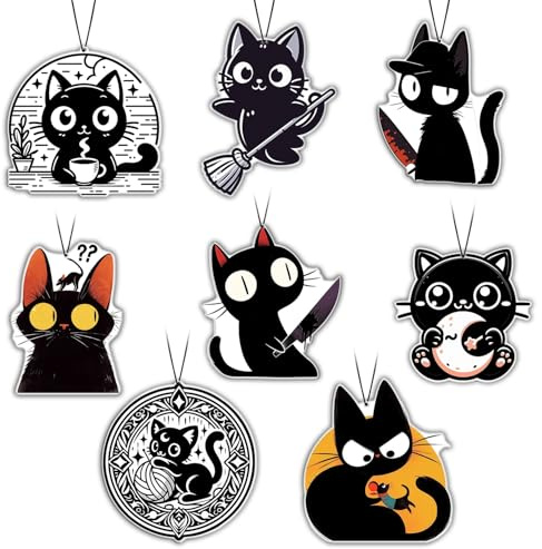 GTOTd Black Cat Air Freshener Card Pendant (8 Pack) | Refreshing Ice Scent, Cartoon Cat Car Accessories Christmas Decor for Car Interior Hanging Rearview Mirror Decor Gifts