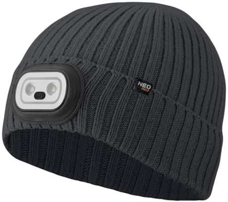 NEO TOOLS LED Mütze mit Licht, LED-Taschenlampe, Beleuchtete, 100% Acryl, max 180 Lumen, RGB, eingebautem Akku und USB-Ladeanschluss (Graphit) Beanie Beleuchtete Mütze mit Licht