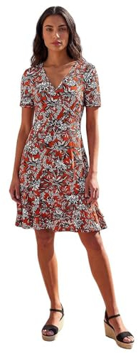 Roman Originals Wrap Dress for Women UK Ladies Swing Skater Fit & Flare A Line Tea Stretch Knee Length V-Neck Holiday Summer Smart Casual Work Party Evening - Floral Rust - Size 12