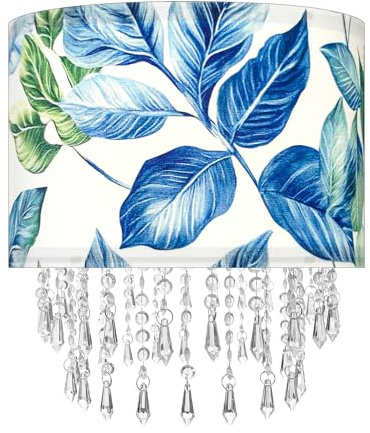 Star Vision Botanischer Stoff-Lampenschirm – tropisches Blatt-Design mit Kristallperlentropfen, blau-grüner Trommelschirm für Hängelampen, Tisch-, Wand- und Stehlampen, von der Natur inspirierte