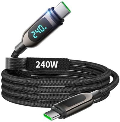VisionSync 240W USB C to USB C Cable [6.6ft],Nylon Braided Type C Fast Charging Cable with LED Display for iPhone 16/16 Pro Max/15/15 Pro Max, Samsung S25/S24 Ultra, MacBook, iPad, Laptop,Black