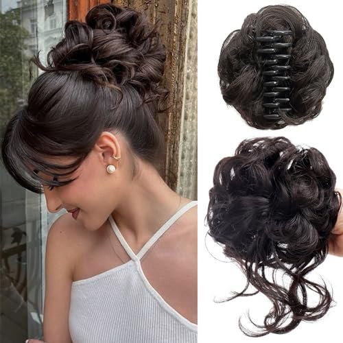 FDEETY Haarschmuck Dutt Haarteil Echthaar Wellig Lockig Haardutt Haarverlängerung Hochsteckfrisur Clip in Claw Pferdeschwanz Haarteile Haar Scrunchies für Damen(Schwarz Braun)