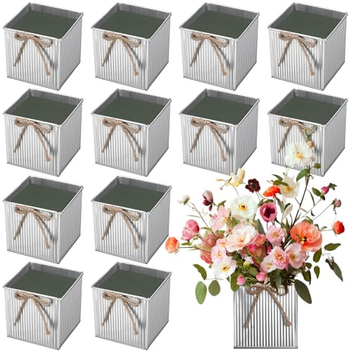 Ninehaoou 12 Set Galvanized Metal Flower Vase 3.7 x 3.5 with Removable Flowers Mud Liner & Twine Bow Galvanized Floral Bucket Metal Square Vase Vintage Rustic Weddings Decor for Table Centerpiece