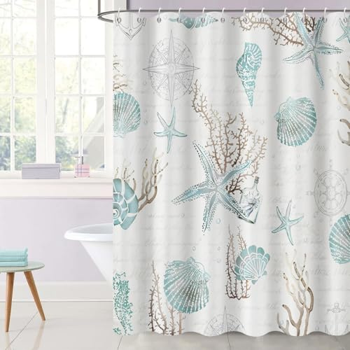 GCIREC Rideau de Douche, 180x180cm, Nautique Littoral Plage Thème Beige étoile de mer Coquillage Conche Tissu Imperméable Rideau de Salle de Bain Lavable en Machine avec Crochets