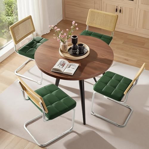 Warmiehomy Green Dining Chairs Set of 4 Faux Leather Upholstered Kitchen Dining Room Chair with Rattan Back and Metal Leg, Modern Dinner Chairs for Home Office, Living Room, Bedroom