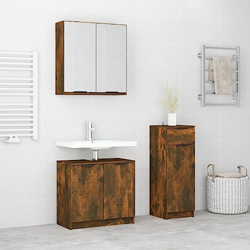 Qnhdfrt 3-TLG. Badmöbel-Set Räuchereiche aus Holzwerkstoff und Glas mit Spiegel für Badezimmer Schmal Klein Stehend und Hängend Viel Stauraum Modernes Design