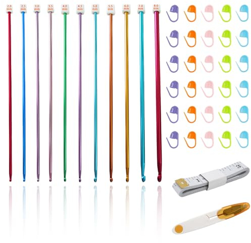Foonary 11 Stück Tunesische Häkelnadel Set(27cm, 2.0-8.0mm) - Aluminium Häkelzubehör Set(Mit Schere + 1.5M Maßband + 30 Markierknöpfe),Häkelnadel Set für Anfänger & Hobbyisten für Schals/Teppiche
