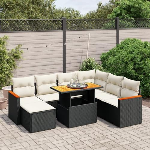 QJBSAVVA 8-TLG. Rattan-Gartenmöbelset Schwarz 100x55 cm höhenverstellbarer Tisch, modulare Lounge für Garten, Terrasse & kleinen Balkon