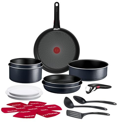 Tefal - Ingenio Enjoy Batterie de cuisine scintillant - 17 pièces - Gris | Poêle induction légère avec poignée amovible - Permet de griller mijoter et rôtir - Gain de place grâce à l'empilabilité