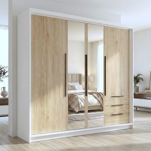 A&J MöbelLand VIVO Kleiderschrank 4-türig mit Spiegel und Schubladen – 200 x 215 cm – Drehtürenschrank mit Kleiderstange und Einlegeböden