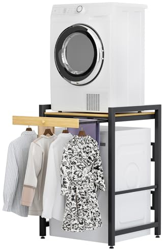 Washer Dryer Stand Stacking Kits,Washing Machine Storage Unit with Sliding Shelf for Washing Machine Tumble Dryer and Dishwasher,Space-Saving Laundry Room Organiser Shelf, 200KG Load Capacity (Black)