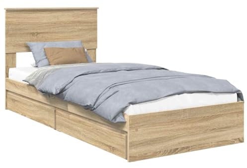 Foknhdi Stauraumbett 100x200 cm in Sonoma-Eiche, Einzelbett mit Schubladen und Kopfteil, Bettgestell aus Holzwerkstoff mit Lattenrost, Minimalistisches Design für Schlafzimmer