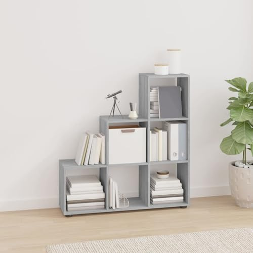 Homgoday Libreria a Scala con 6 Scomparti in Legno Multistrato, 104x29x107 cm, Grigio Sonoma
