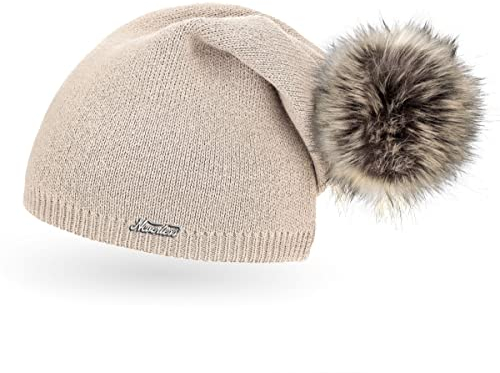 Neverless® außergewöhnliche Damen Strickmütze mit Fell-Bommel, Strick-Beanie hell-beige Unisize