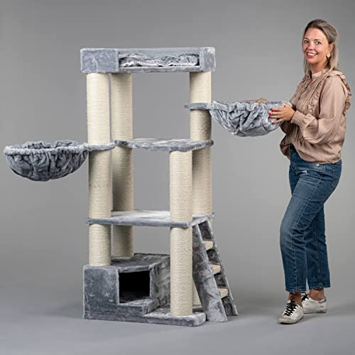 Arbre a Chat XXL geant Corner Coon Gris Clair Maine Coon griffoir Arbres pour Grand Gros Chats Solide à Grande Taille Original Design Moderne de Luxe Adulte