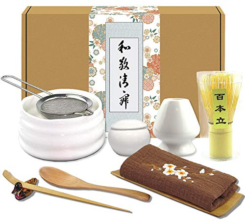 Artcome Japanese Matcha Tea Set - 10 Pcs, Bowl, Whisk, Scoop, Spoon, Cloth, Bamboo Holder, Powder Caddy, Powder Strainer (White)