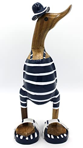 dekoundmeer Ente mit Badeanzug, Hut und Badelatschen Blau-Weiss 25 cm groß