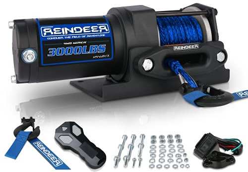 REINDEER Treuil électrique 12 V avec capacité de charge de 1 360,8 kg - Corde synthétique avec guide-câble Hawse étanche IP67 avec télécommandes sans fil pour 4 x 4 côte à côte 4 roues ATV UTV