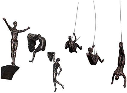 6 x große Bronze-Statuen zum Klettern, Abseilen, Ornamente, Figuren, Set mit 6 Kletterern, Wandkunst, Kunstharz und Metall, Bungee-Springen, Abseilen, Hängender Mann am Draht befestigt