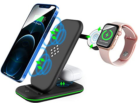 Wireless Charger, Iduktive Kabellose Ladestation Handy Qi Ladegerät für iPhone 12/11 Pro Max Mini/XS/XR/X/8+, iWatch 7/6/SE/5/4/3/2, AirPods Pro/2/3, Galaxy S22/21/20+, Samsung S10 S9 S8 Huawei
