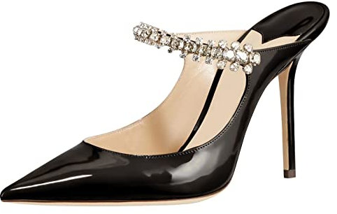 MIRAAZZURRA Damen-Pantoletten mit Absatz, Strass, Riemen, spitzer Zehenbereich, Stiletto, High Heels, Slipper, Braut-Sandalen für Damen, Schwarz, 10 cm, 38 EU