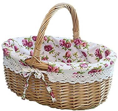 JAWSEU Weidenkorb Mit Henkel Weide Einkaufskorb Picknickkorb Leer Mit Innenfutter, Handgefertigte Korb Rattankorb für Picknicks Partys