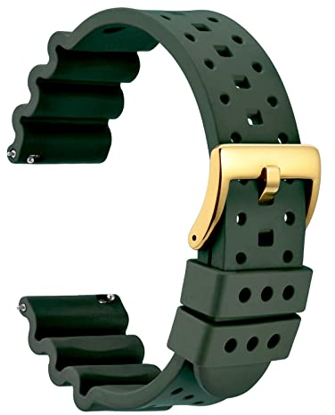 WOCCI 18mm Belüftete FKM Gummi Uhrenarmband für Herren (Nicht Silikon), Schnellverschluss Armband, Gold Schnalle (Armee Grün)