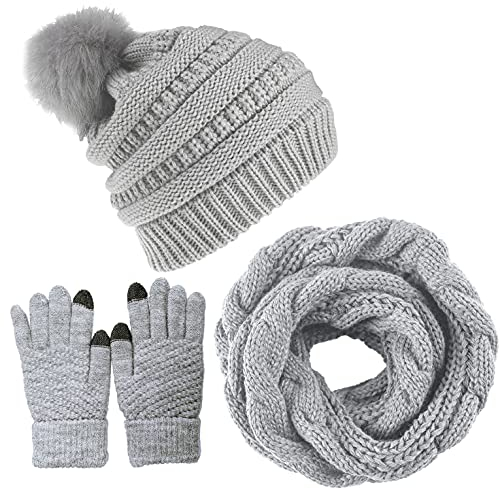 Joligiao Mütze Schal Damen Winter Beanie Strickmütze Set Damen Fellbommel Beanie Schal Set Stricken Touchscreen-Handschuhe Weiche Loop Schal Fleece Handschuhe Chic,Grau,Einheitsgröße