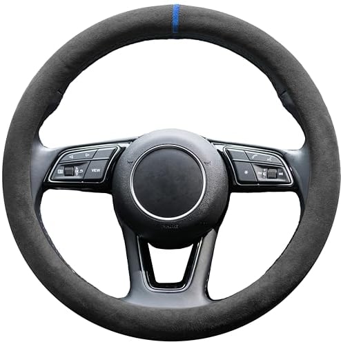 S-TETIC® Premium Lenkradbezug aus Alcantara | Blaue 12-Uhr Markierung | Universalgröße 36-38 cm | Lenkradcover | für Sommer und Winter