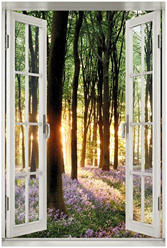Wallario Poster - Blaue Hasenglöckchen im Wald mit Sonnenstrahlen in Premiumqualität, Größe: 100 x 150 cm mit Fenster-Illusion