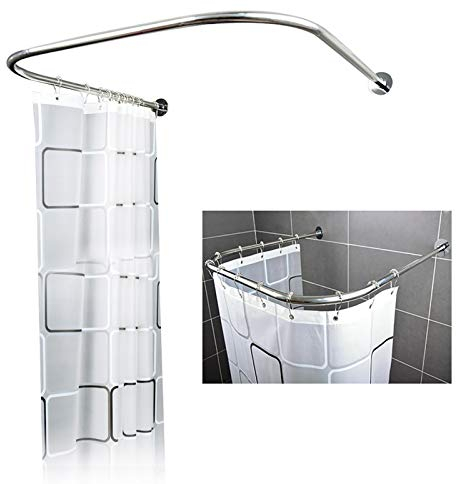 TIXBYGO Duschstangen-Komplett-Set, U-Form 90x80cm, Kariert Duschvorhang 300x200cm, 14 Haken, Edelstahl, Glänzend, Silber, für Bad, Balkon