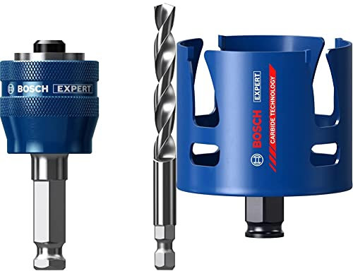 Bosch Professional 1x Expert Power Change Plus Hole Saw System Adapter (Ø 7,15 mm) + 1x Expert Construction Material Hole Saw (for Softwood, Ø 80 mm, Accessories Rotary Impact Drill)