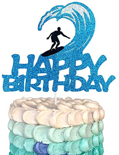 HAKPUOTR Surfing Happy Birthday Cake Topper, Glitter Blue Surfing Birthday Cake Topper for Summer Hawaii Beach Surfing Themed Party Decorations