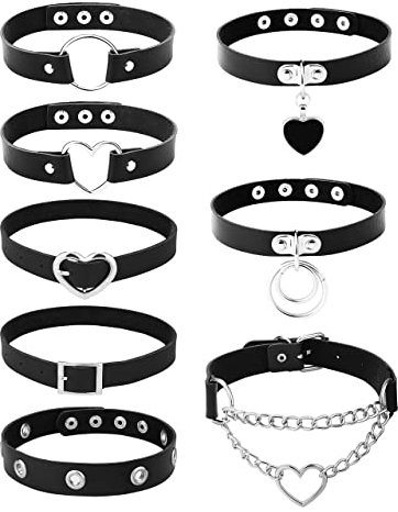 JeweBella 8 Stück Gothic Choker Halsband für Damen Frauen Schwarz Punk Choker Herz Gothic Choker Nieten Leder Choker Spikes Rock Choker Kragen Choker Halskette Set für Halloween Cosplay