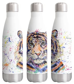 Vixar Tiger wildlife animals Watercolour rainbow art Bottle double Wall insulated Stainless steel sport Drinks 500ml WHITE Gift ideal for school work office Oudoor sports keeps Hot and Cold Drinks